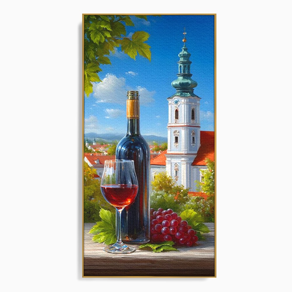 Tablou canvas cu pictura cu sticla de vin si manastire, in rama de aluminiu auriu