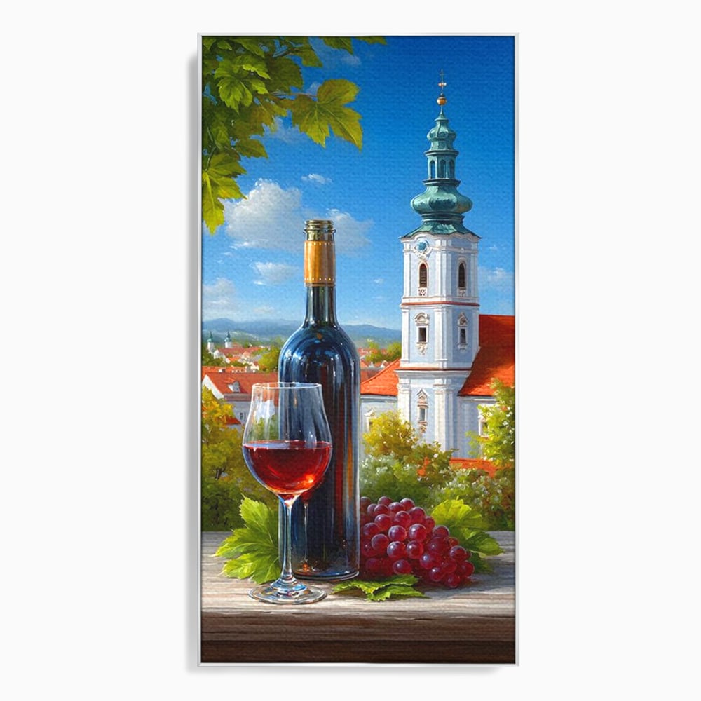 Tablou canvas cu pictura cu sticla de vin si manastire, in rama de aluminiu argintiu