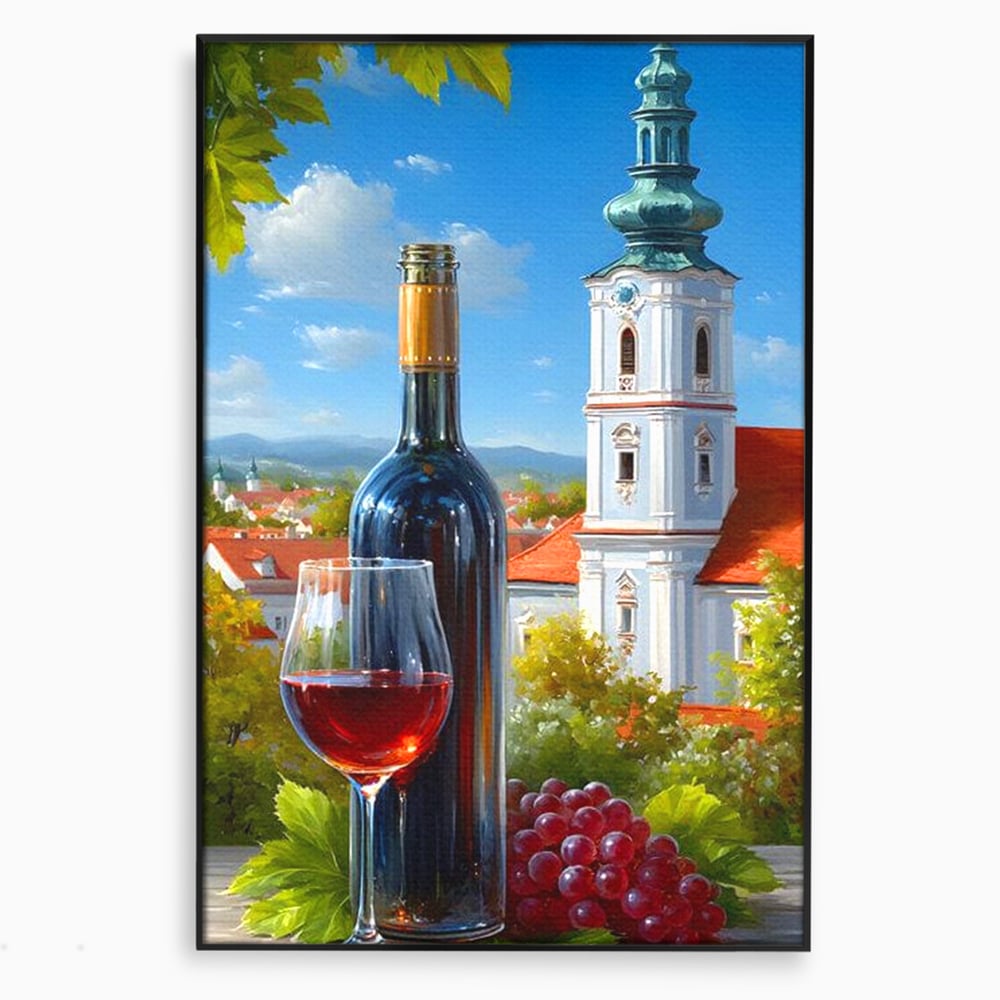 Tablou canvas cu pictura cu sticla de vin si manastire, in rama de aluminiu negru