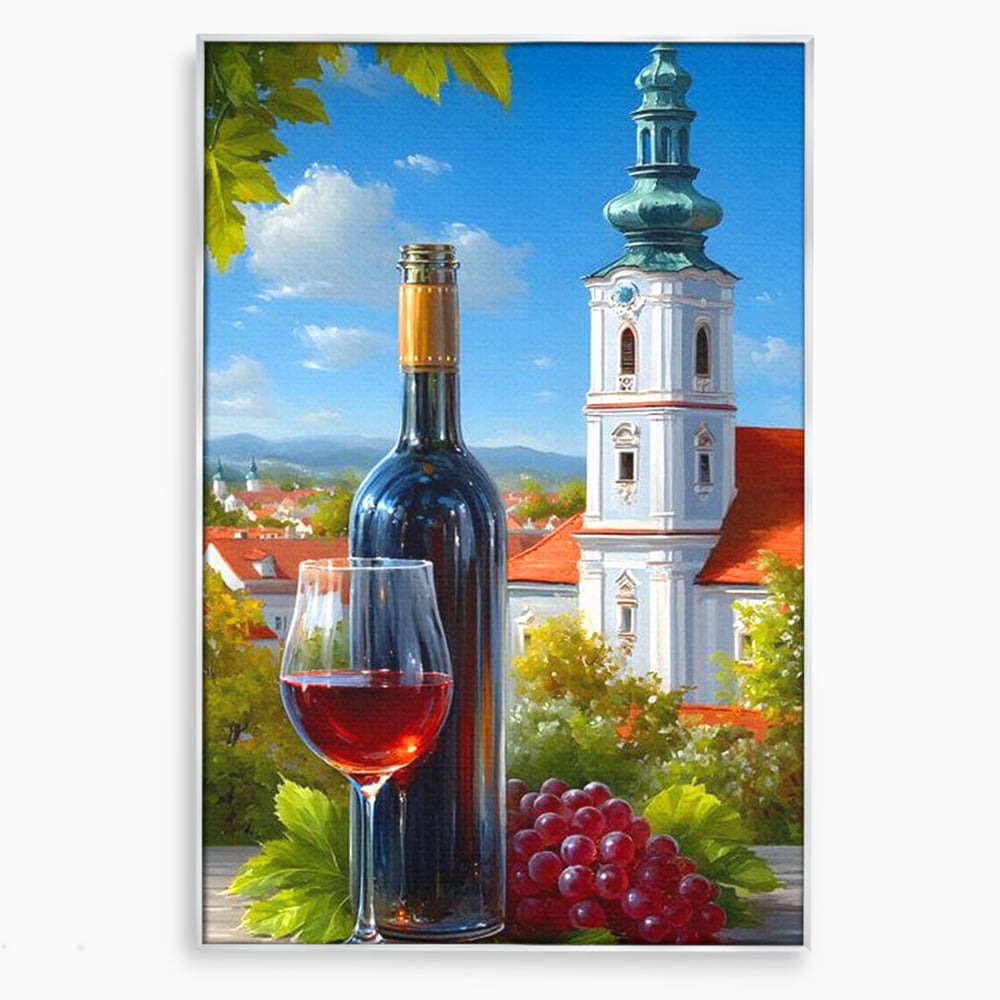 Tablou canvas cu pictura cu sticla de vin si manastire, in rama de aluminiu argintiu