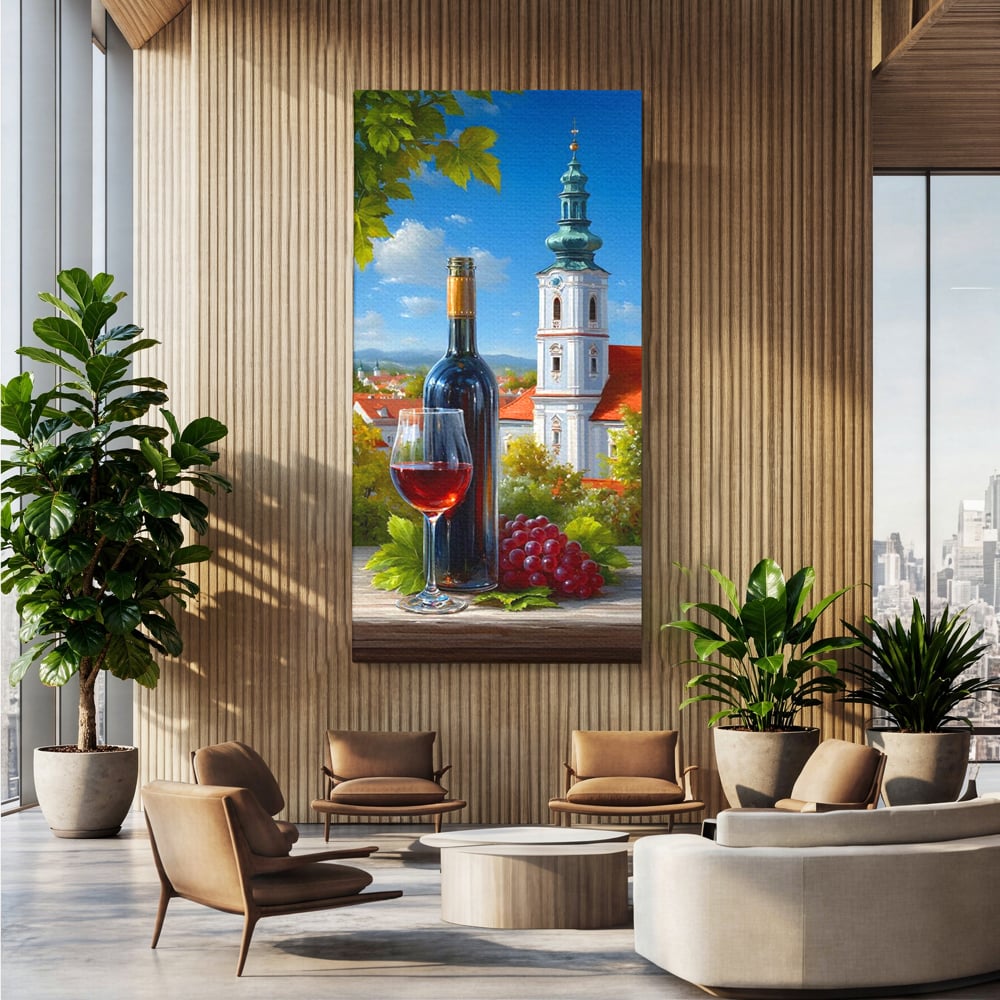 Tablou canvas cu pictura cu sticla de vin si manastire, fara rama, pe sasiu de lemn, pe perete intr-un birou