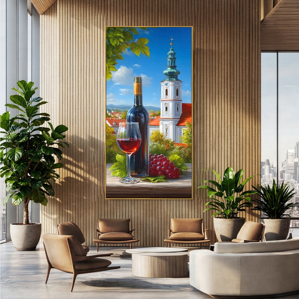 Tablou canvas cu pictura cu sticla de vin si manastire, in rama de aluminiu auriu, pe perete intr-un birou
