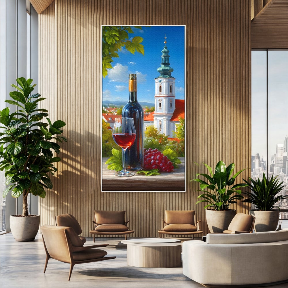Tablou canvas cu pictura cu sticla de vin si manastire, in rama de aluminiu argintiu, pe perete intr-un birou