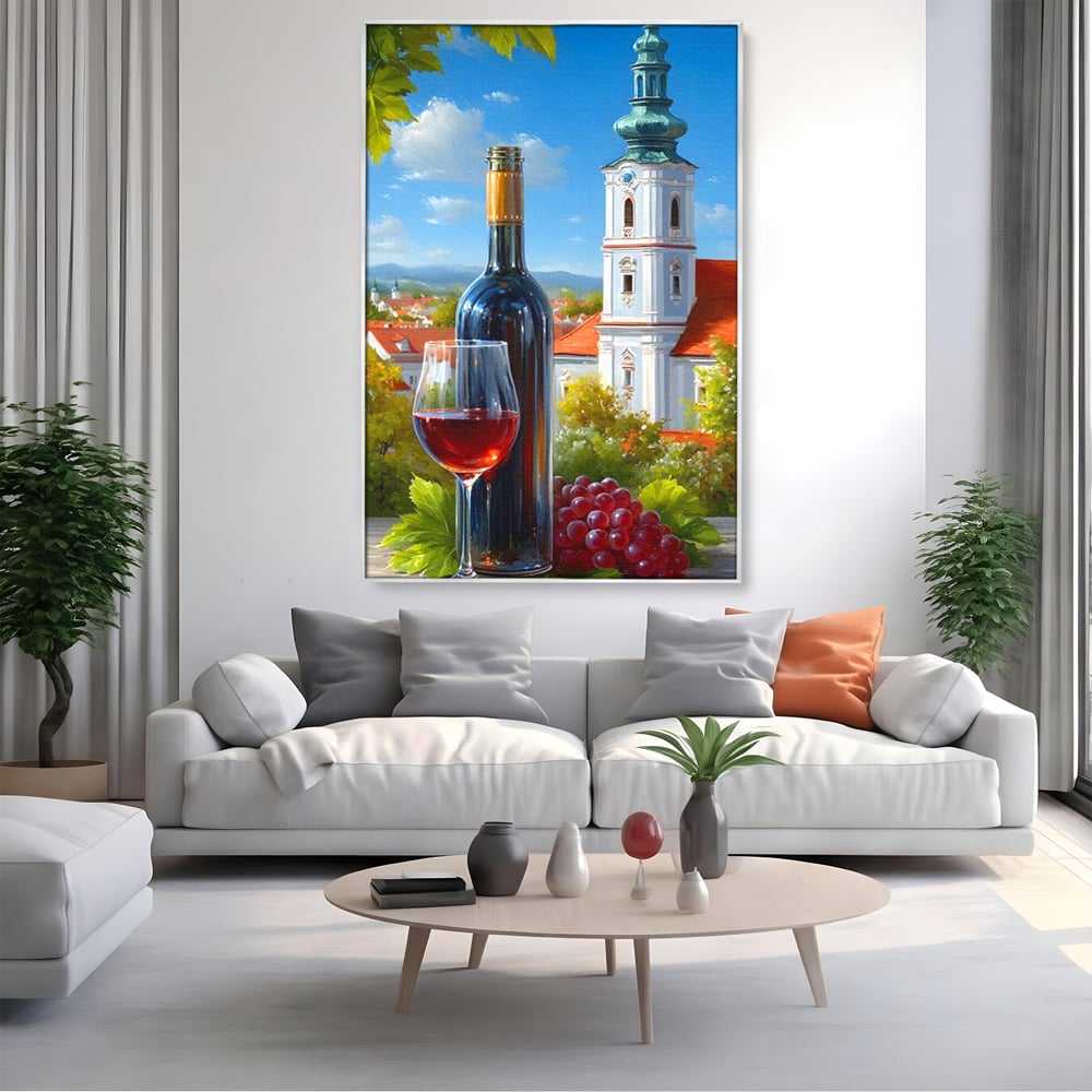 Tablou canvas cu pictura cu sticla de vin si manastire, in rama de aluminiu argintiu, pe perete intr-un living