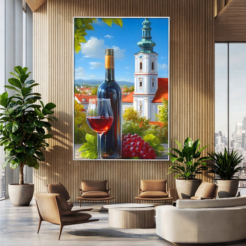Tablou canvas cu pictura cu sticla de vin si manastire, in rama de aluminiu argintiu, pe perete intr-un birou