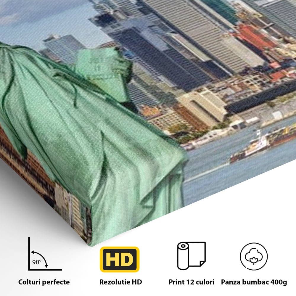 Detaliu al suprafetei: statuia libertatii si orizontul manhattan, fara rama, pe sasiu de lemn