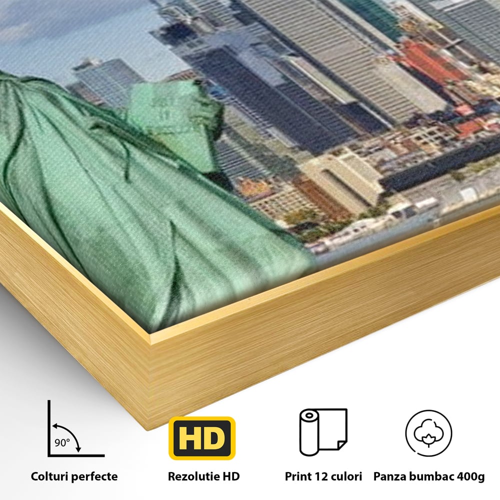 Detaliu al suprafetei: statuia libertatii si orizontul manhattan, in rama de aluminiu auriu