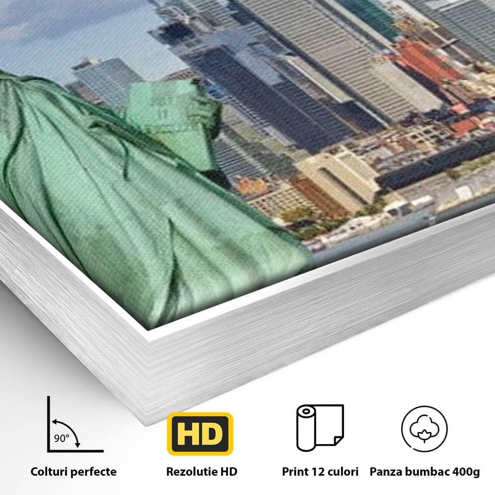 Detaliu al suprafetei: statuia libertatii si orizontul manhattan, in rama de aluminiu argintiu
