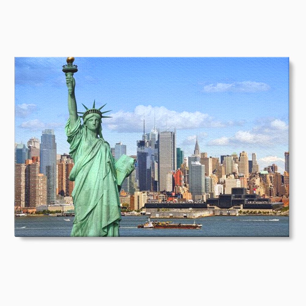 Tablou canvas cu statuia libertatii si orizontul manhattan, fara rama, pe sasiu de lemn