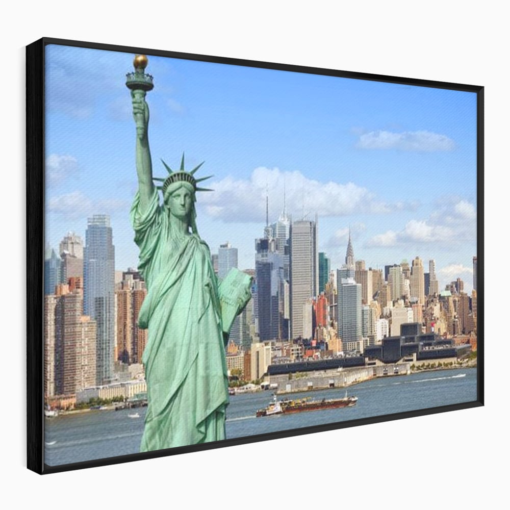 Tablou canvas cu statuia libertatii si orizontul manhattan, in rama de aluminiu negru