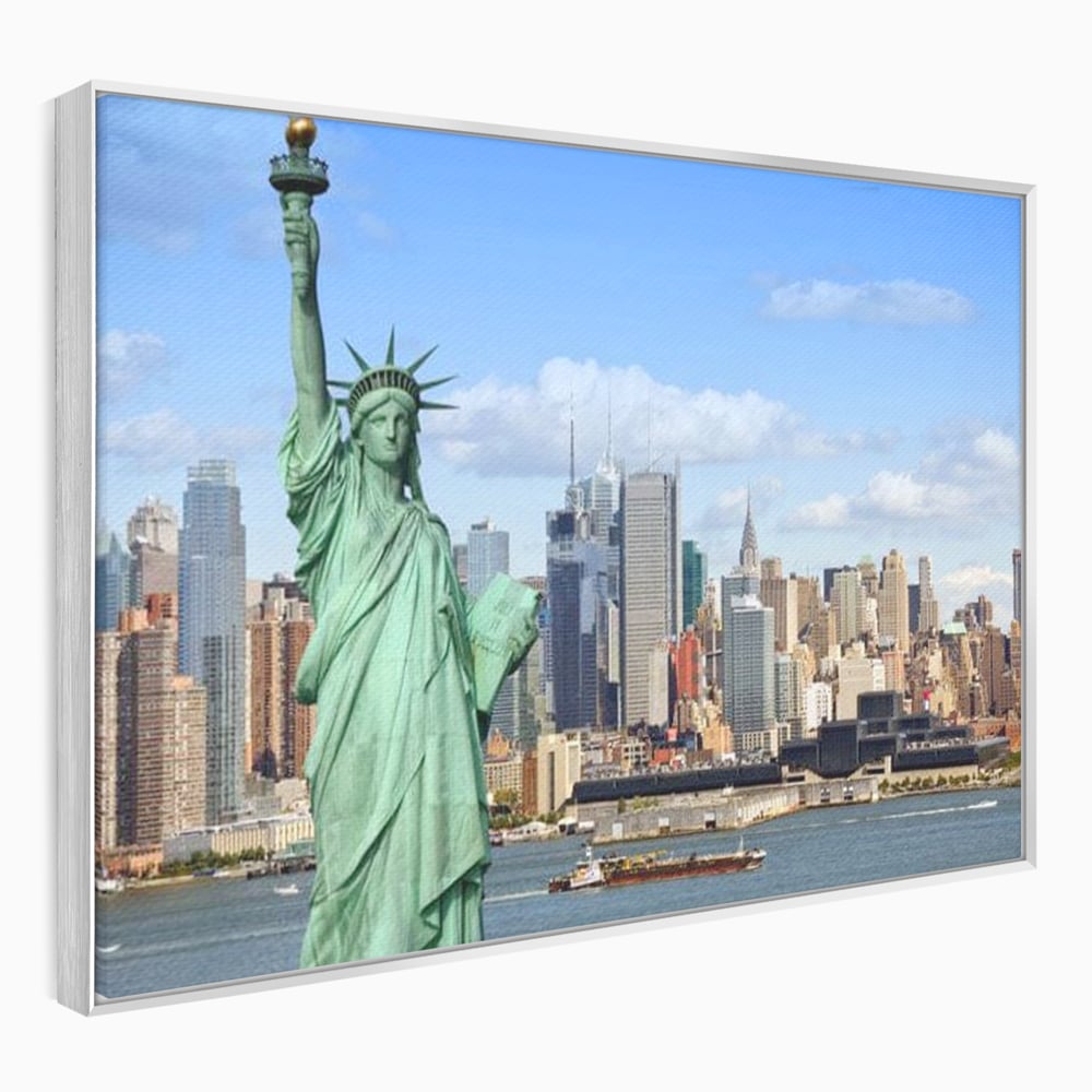 Tablou canvas cu statuia libertatii si orizontul manhattan, in rama de aluminiu argintiu