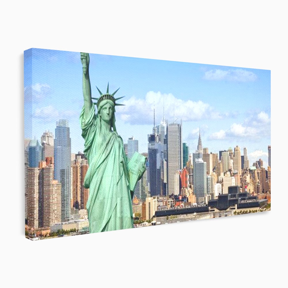 Tablou canvas cu statuia libertatii si orizontul manhattan, fara rama, pe sasiu de lemn