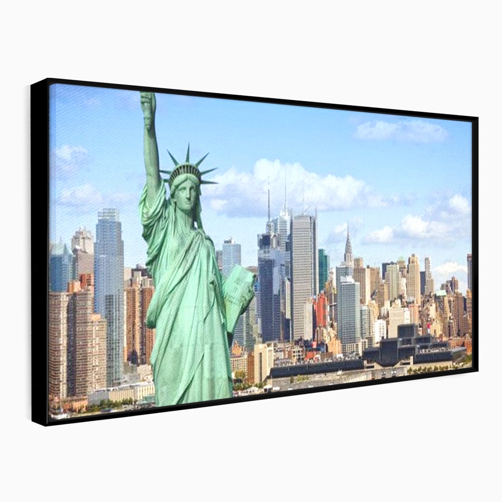 Tablou canvas cu statuia libertatii si orizontul manhattan, in rama de aluminiu negru
