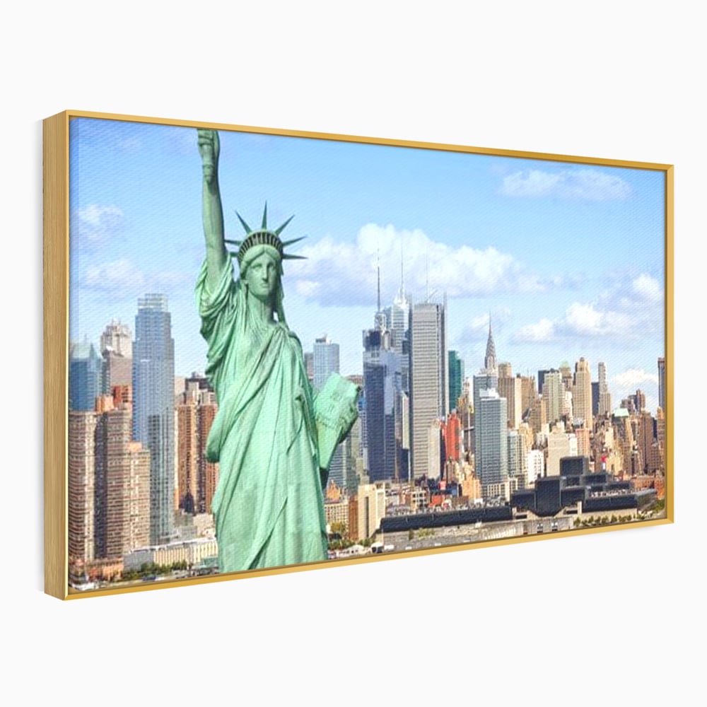 Tablou canvas cu statuia libertatii si orizontul manhattan, in rama de aluminiu auriu