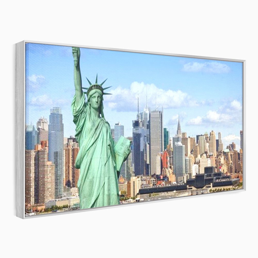 Tablou canvas cu statuia libertatii si orizontul manhattan, in rama de aluminiu argintiu