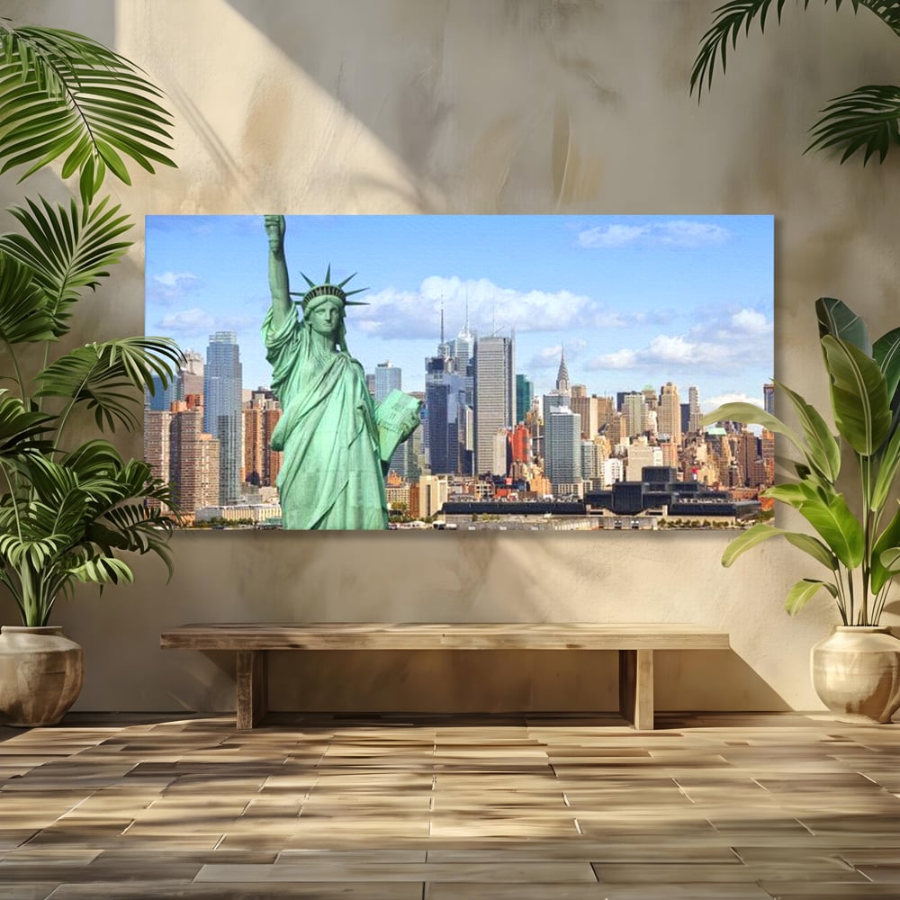 Tablou canvas cu statuia libertatii si orizontul manhattan, fara rama, pe sasiu de lemn