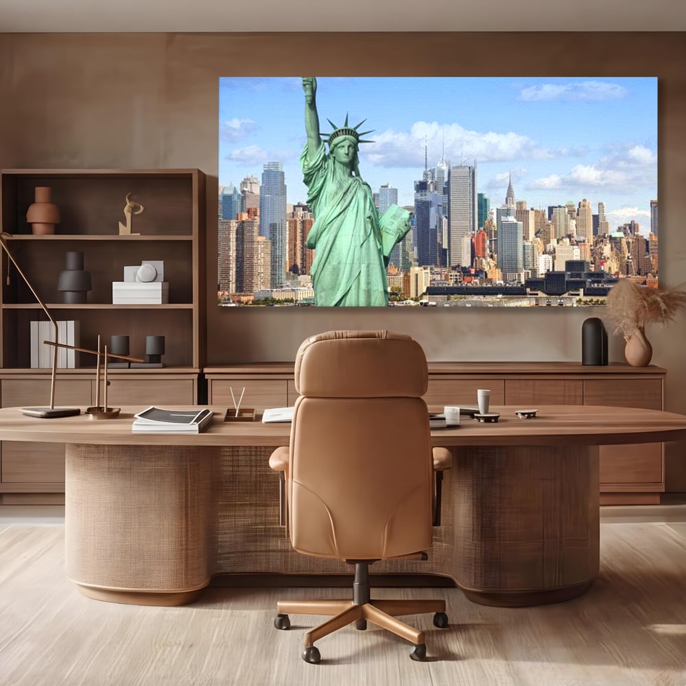 Tablou canvas cu statuia libertatii si orizontul manhattan, fara rama, pe sasiu de lemn, pe perete intr-un birou