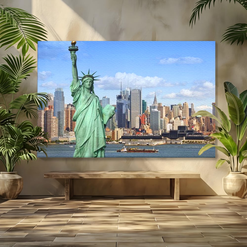 Tablou canvas cu statuia libertatii si orizontul manhattan, fara rama, pe sasiu de lemn