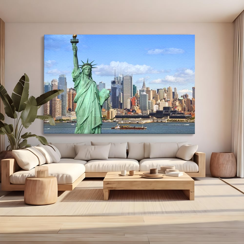 Tablou canvas cu statuia libertatii si orizontul manhattan, fara rama, pe sasiu de lemn, pe perete intr-un living