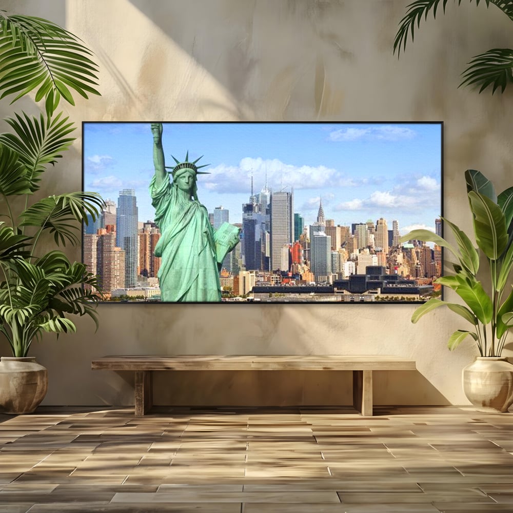 Tablou canvas cu statuia libertatii si orizontul manhattan, in rama de aluminiu negru