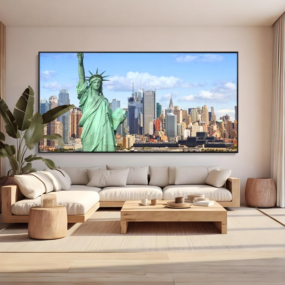 Tablou canvas cu statuia libertatii si orizontul manhattan, in rama de aluminiu negru, pe perete intr-un living