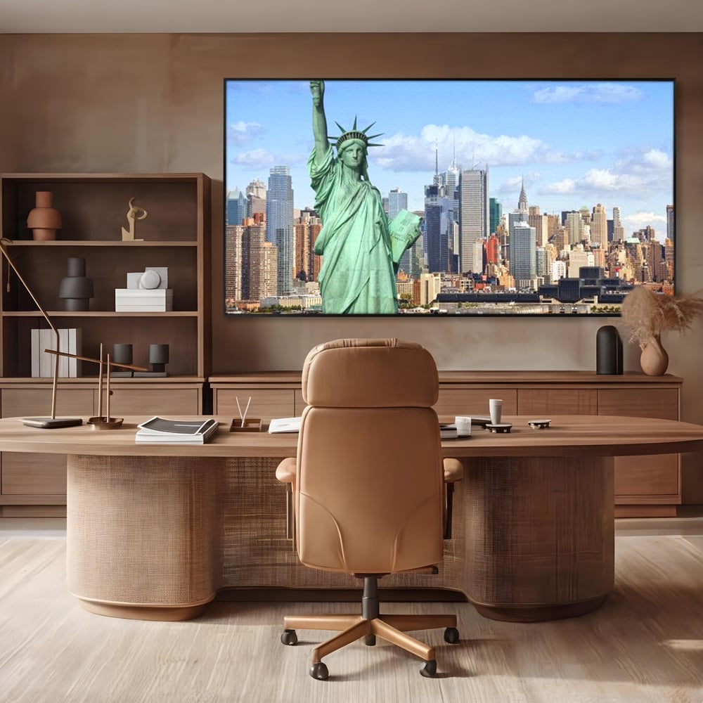 Tablou canvas cu statuia libertatii si orizontul manhattan, in rama de aluminiu negru, pe perete intr-un birou