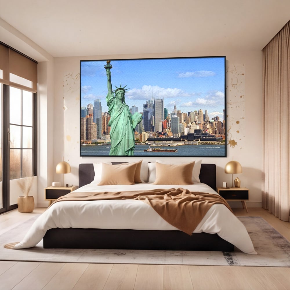 Tablou canvas cu statuia libertatii si orizontul manhattan, in rama de aluminiu negru, pe perete intr-un dormitor