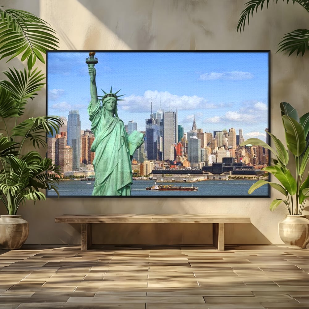 Tablou canvas cu statuia libertatii si orizontul manhattan, in rama de aluminiu negru