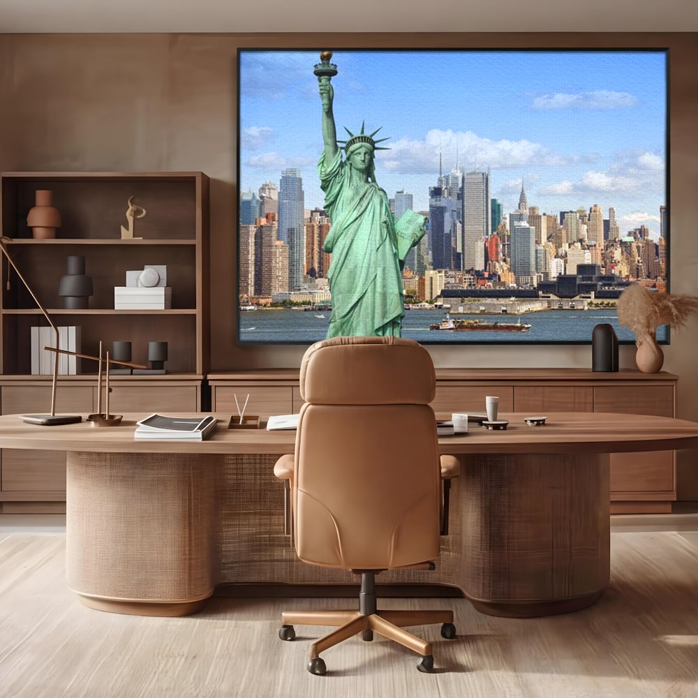 Tablou canvas cu statuia libertatii si orizontul manhattan, in rama de aluminiu negru, pe perete intr-un birou