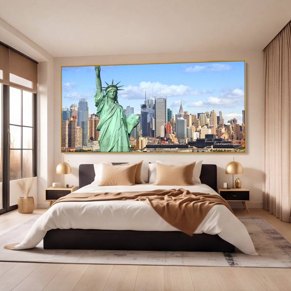 Tablou canvas cu statuia libertatii si orizontul manhattan, in rama de aluminiu auriu, pe perete intr-un dormitor
