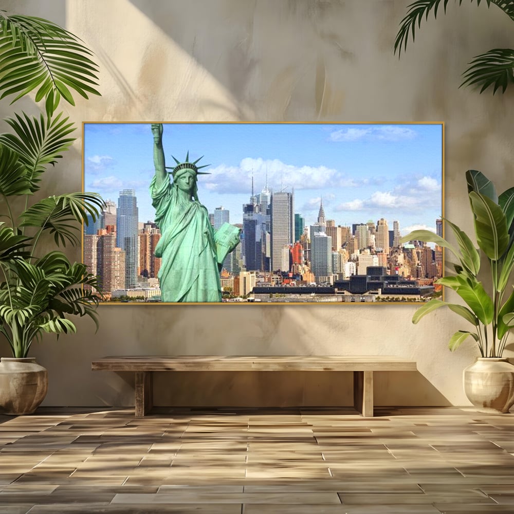 Tablou canvas cu statuia libertatii si orizontul manhattan, in rama de aluminiu auriu