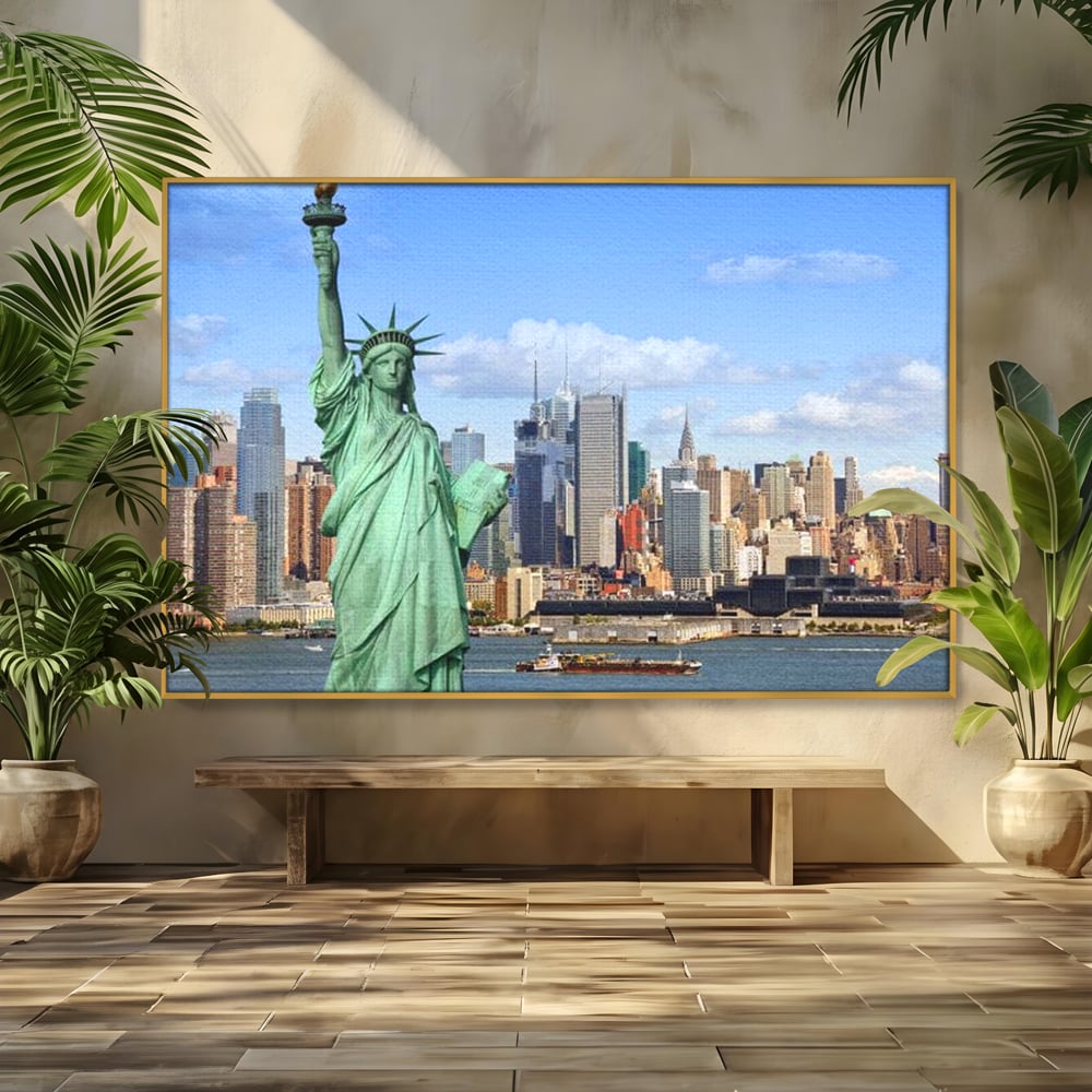 Tablou canvas cu statuia libertatii si orizontul manhattan, in rama de aluminiu auriu