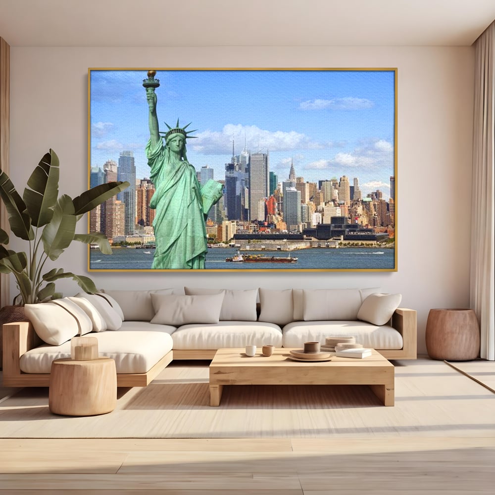 Tablou canvas cu statuia libertatii si orizontul manhattan, in rama de aluminiu auriu, pe perete intr-un living