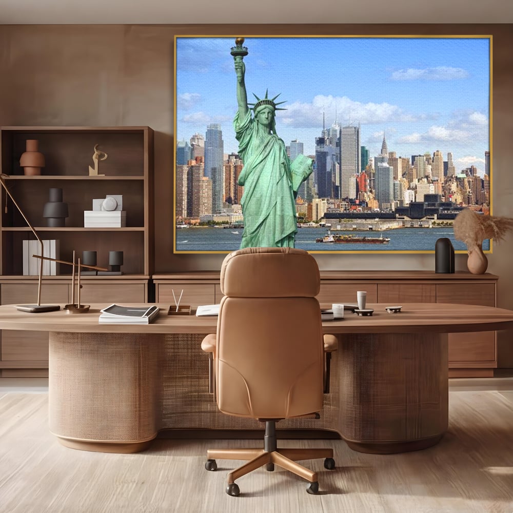 Tablou canvas cu statuia libertatii si orizontul manhattan, in rama de aluminiu auriu, pe perete intr-un birou