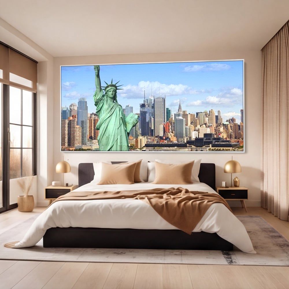 Tablou canvas cu statuia libertatii si orizontul manhattan, in rama de aluminiu argintiu, pe perete intr-un dormitor
