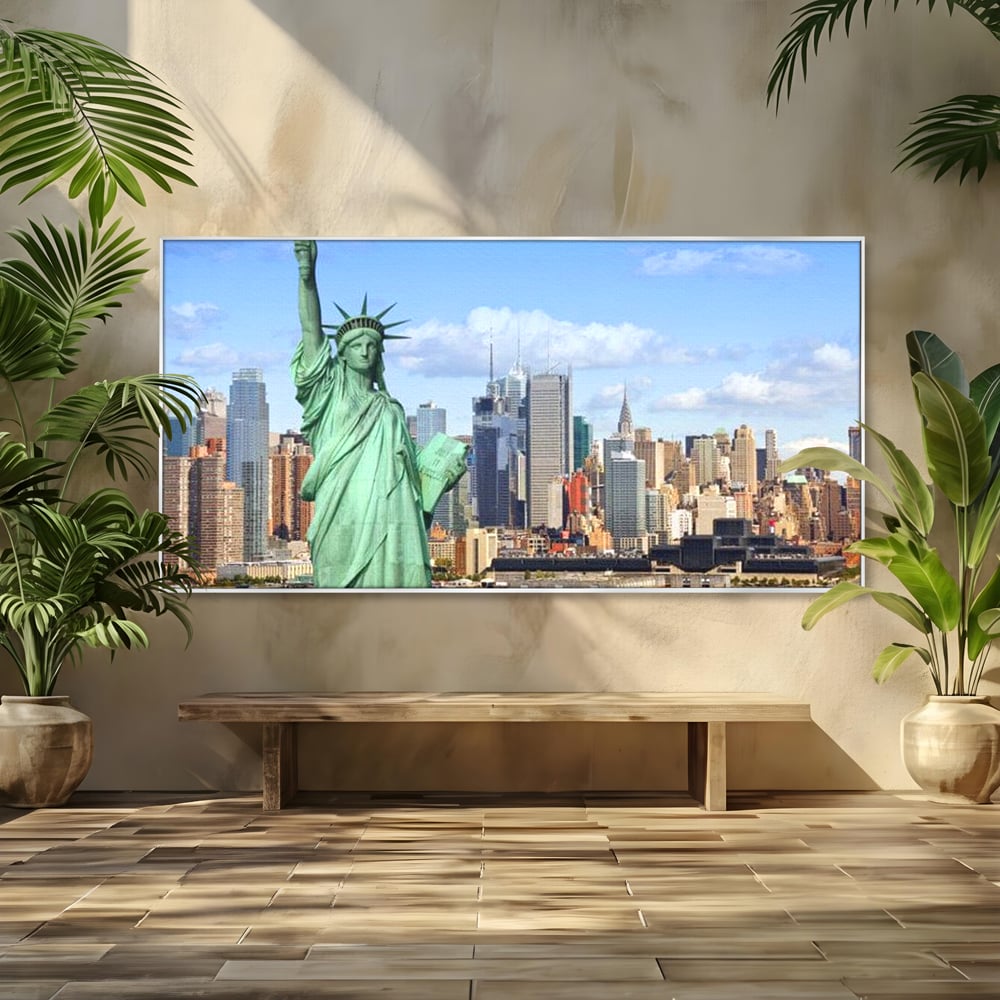 Tablou canvas cu statuia libertatii si orizontul manhattan, in rama de aluminiu argintiu
