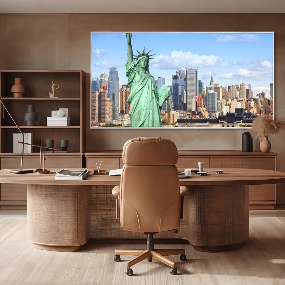 Tablou canvas cu statuia libertatii si orizontul manhattan, in rama de aluminiu argintiu, pe perete intr-un birou