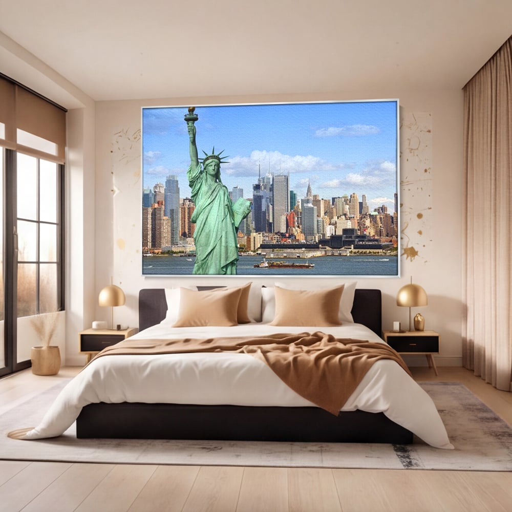 Tablou canvas cu statuia libertatii si orizontul manhattan, in rama de aluminiu argintiu, pe perete intr-un dormitor