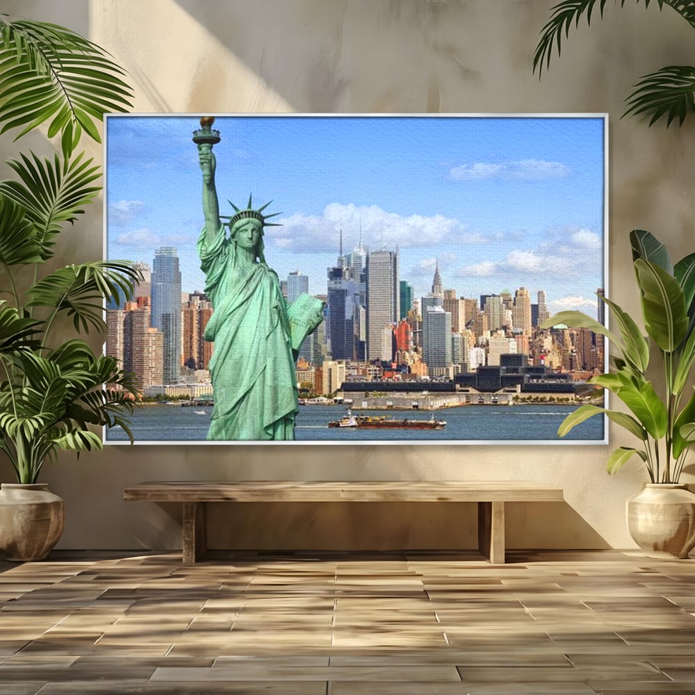 Tablou canvas cu statuia libertatii si orizontul manhattan, in rama de aluminiu argintiu