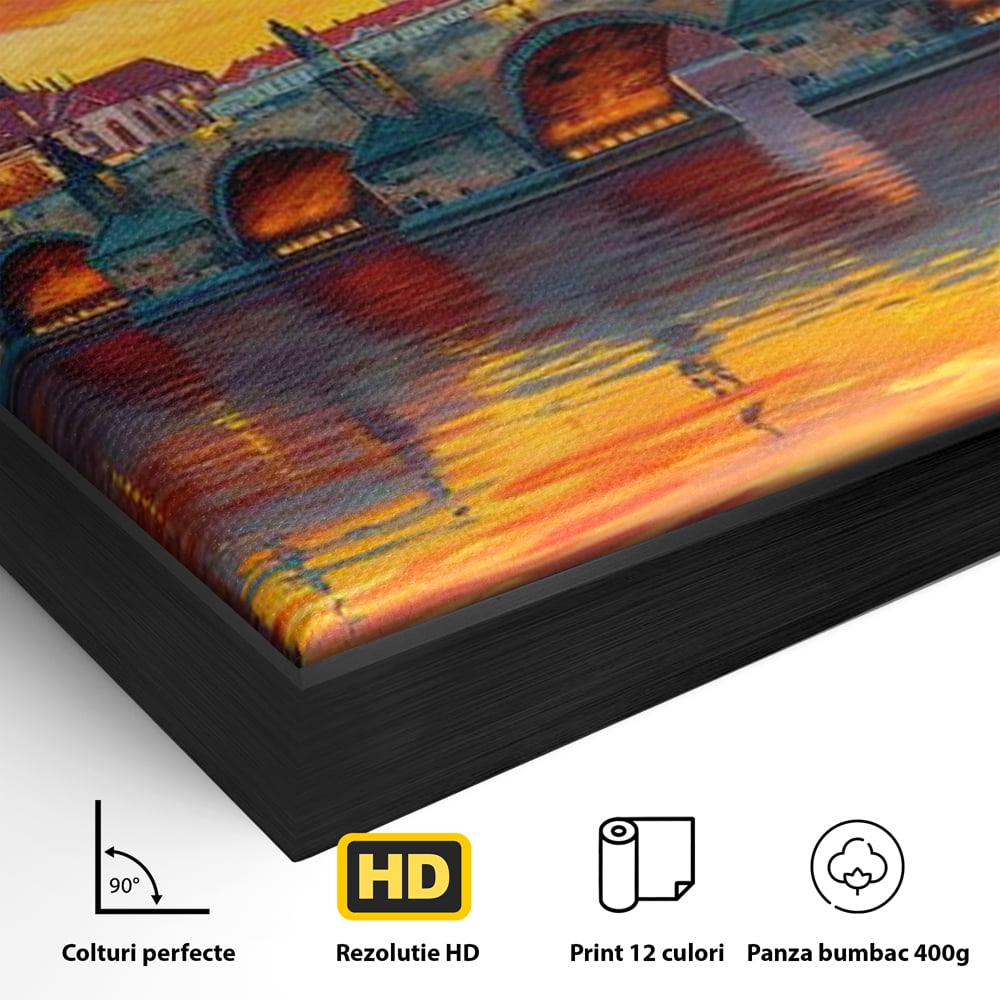 Detaliu al suprafetei: tablou canvas cu apus de asfintit peste praga, in rama de aluminiu negru
