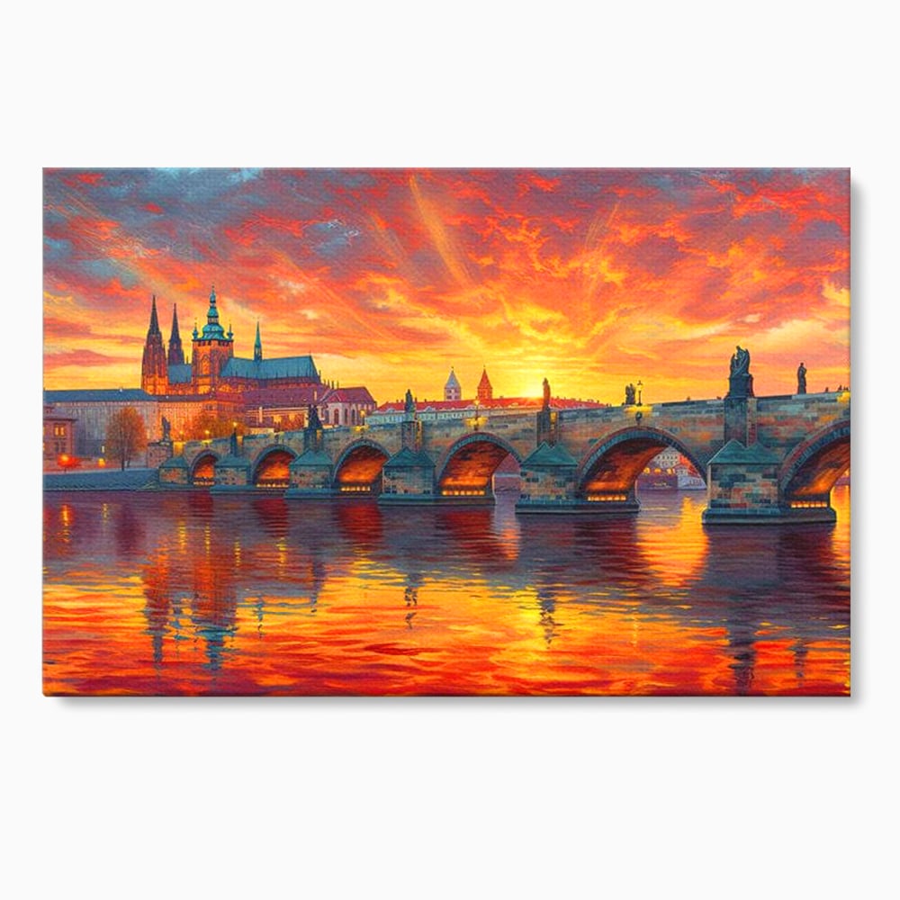 Tablou canvas cu tablou canvas cu apus de asfintit peste praga, fara rama, pe sasiu de lemn