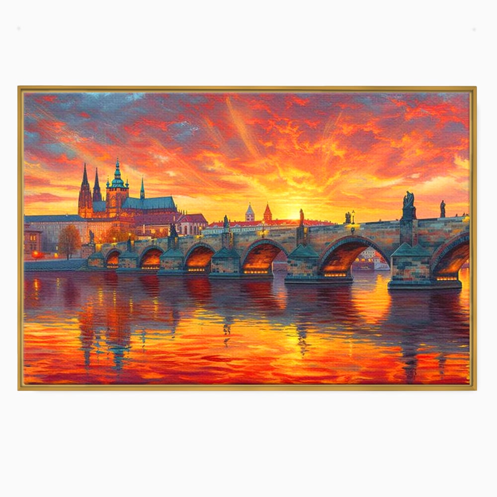 Tablou canvas cu tablou canvas cu apus de asfintit peste praga, in rama de aluminiu auriu