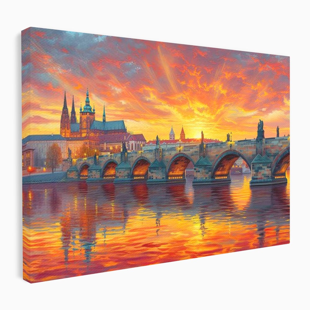 Tablou canvas cu tablou canvas cu apus de asfintit peste praga, fara rama, pe sasiu de lemn
