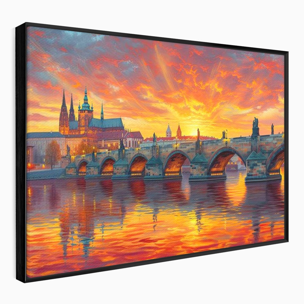 Tablou canvas cu tablou canvas cu apus de asfintit peste praga, in rama de aluminiu negru