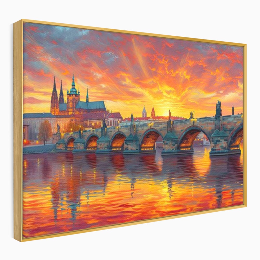 Tablou canvas cu tablou canvas cu apus de asfintit peste praga, in rama de aluminiu auriu