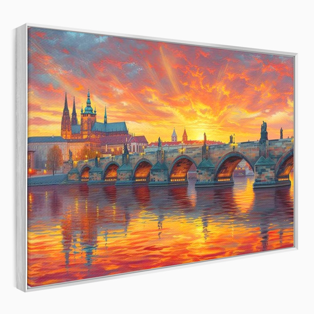 Tablou canvas cu tablou canvas cu apus de asfintit peste praga, in rama de aluminiu argintiu