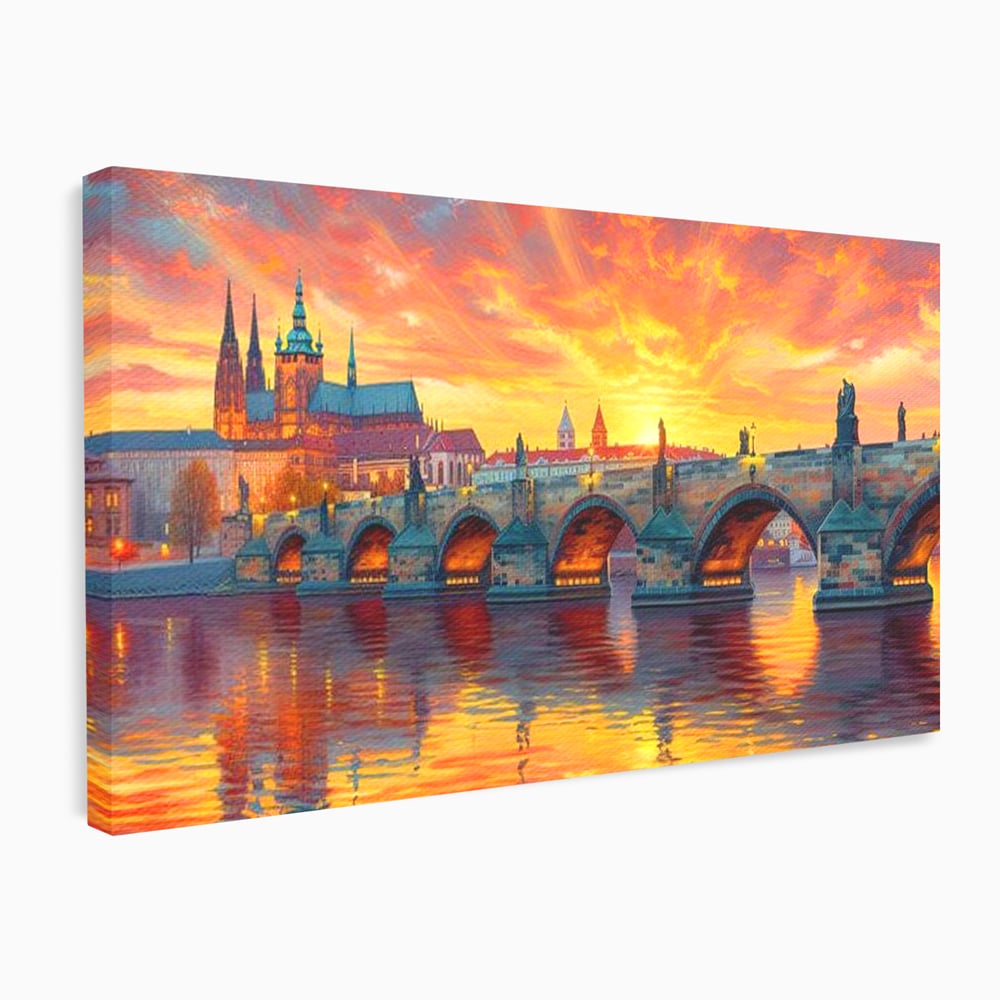 Tablou canvas cu tablou canvas cu apus de asfintit peste praga, fara rama, pe sasiu de lemn