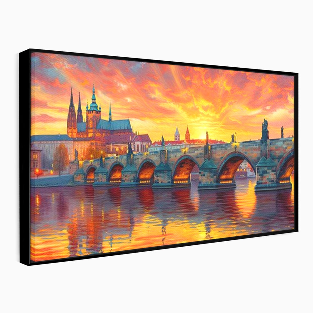 Tablou canvas cu tablou canvas cu apus de asfintit peste praga, in rama de aluminiu negru