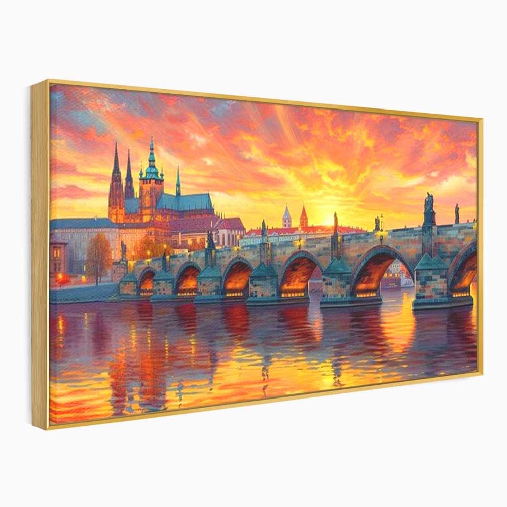 Tablou canvas cu tablou canvas cu apus de asfintit peste praga, in rama de aluminiu auriu