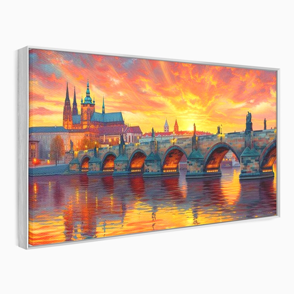 Tablou canvas cu tablou canvas cu apus de asfintit peste praga, in rama de aluminiu argintiu